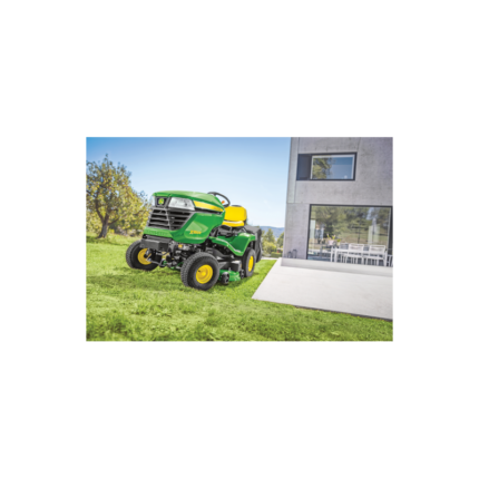 Vue latérale X350R John Deere carter acier et largeur de coupe 107 cm