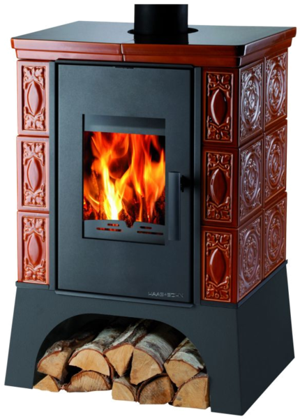 Poêle carrelé EMPOLI AL II caramel avec échangeur et boucle de refroidissement, socle noir