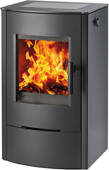 Poêle à cheminée Firepot plaque vitrocéramique noire, coffre à bois et régulateur d'air externe