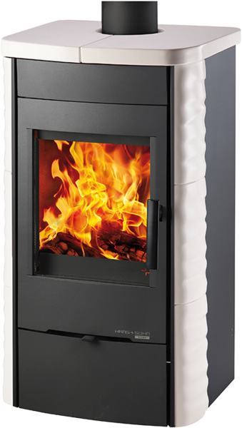 Poêle en faïence ALYTUS II blanc avec carreaux noir et blanc, puissance 6,3 kW