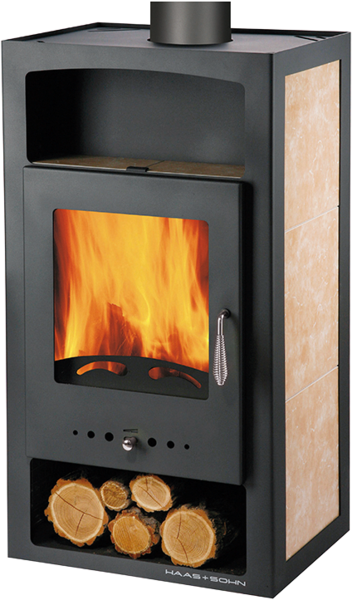 Poêle ADRIA II carrelage noir et beige avec échangeur de chaleur et robinetterie chrome