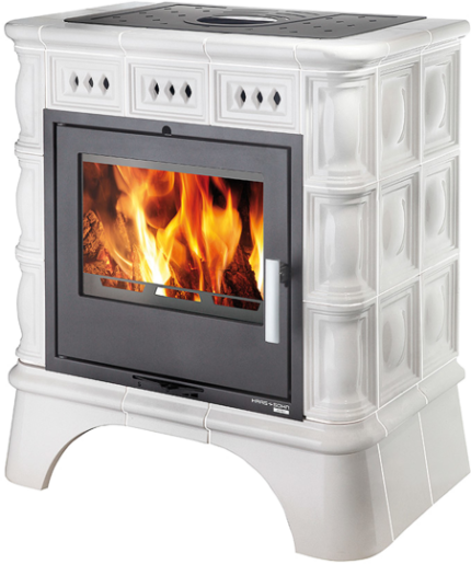 MATERA socle noir carrelé revêtement ivoire poêle 7,9 kW design