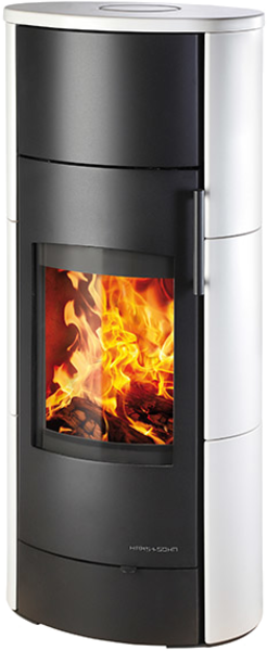 Poêle carrelé ORBA blanc mat en céramique, rendement supérieur à 80%, alimentation air extérieur